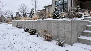 Poured concrete retaining wall and steps holding a raised terrace through a snowy Kansas City winter